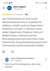 Bewertung eines Patienten in der Praxis Hoffmannbeck - Praxis für Osteopathie und Naturheilverfahren - seine Rückenschmerzen wurden besser und seine Magendarmprobleme auch. 