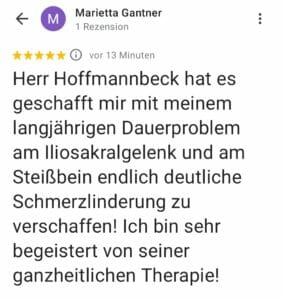 Bewertung einer Patientin der Praxis Hoffmannbeck - Praxis für Osteopathie und Naturheilverfahren in Koblenz. Ihre Iliosakralgelenk ist wieder schmerzfrei. 